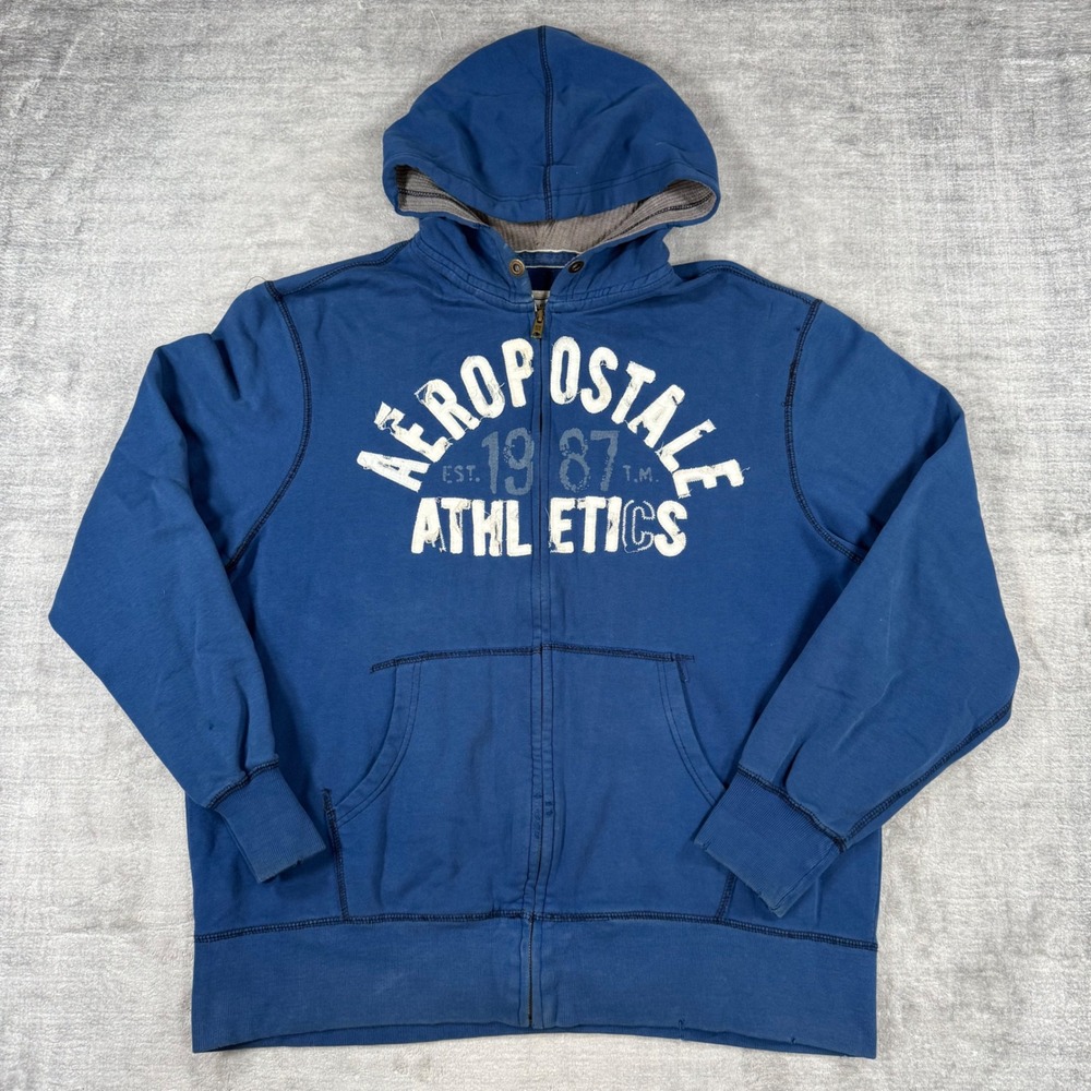 Aeropostale Sweatshirt Mens XL Blue Full Zip Thermal Lined Hoodie Distressed Y2K